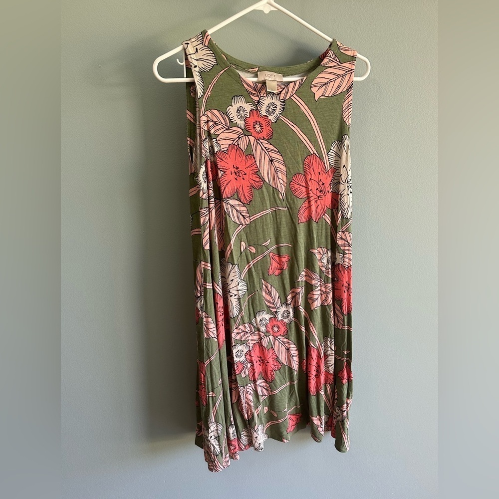 LOFT Olive Green Floral Mini Dress with Coral and Cream Flowers